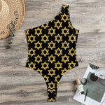 Black And Yellow Star of David Print One Shoulder Bodysuit