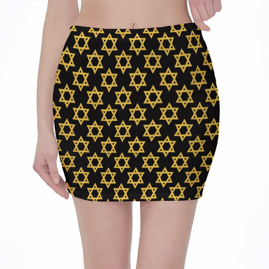 Black And Yellow Star of David Print Pencil Mini Skirt