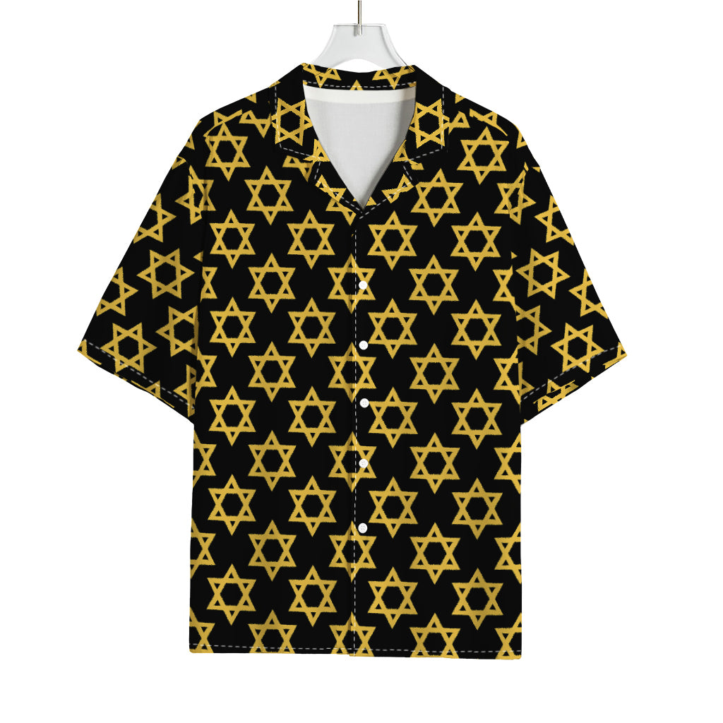 Black And Yellow Star of David Print Rayon Hawaiian Shirt