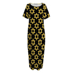 Black And Yellow Star of David Print Short Sleeve Long Nightdress