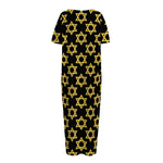 Black And Yellow Star of David Print Short Sleeve Long Nightdress