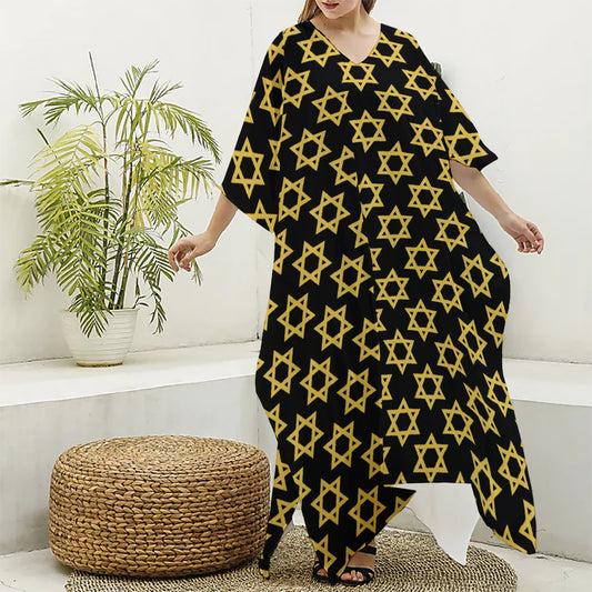 Black And Yellow Star of David Print Silk V-Neck Kaftan Dress