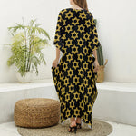 Black And Yellow Star of David Print Silk V-Neck Kaftan Dress