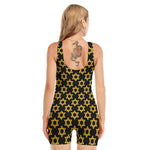 Black And Yellow Star of David Print Sleeveless One Piece Swimsuit