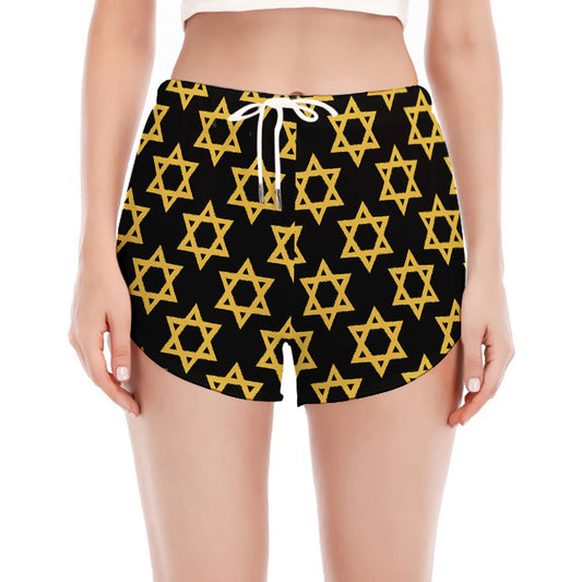 Black And Yellow Star of David Print Women's Split Running Shorts