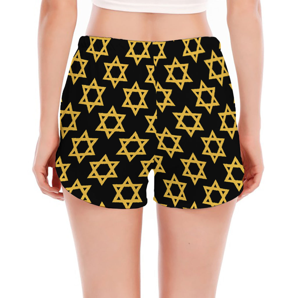Black And Yellow Star of David Print Women's Split Running Shorts