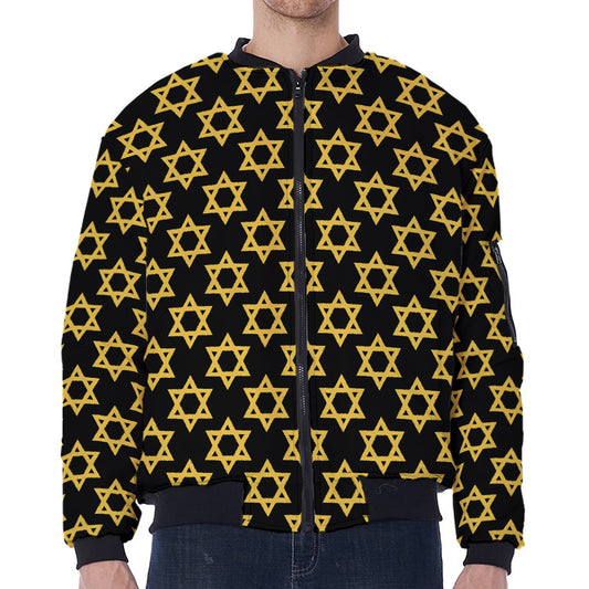 Black And Yellow Star of David Print Zip Sleeve Bomber Jacket