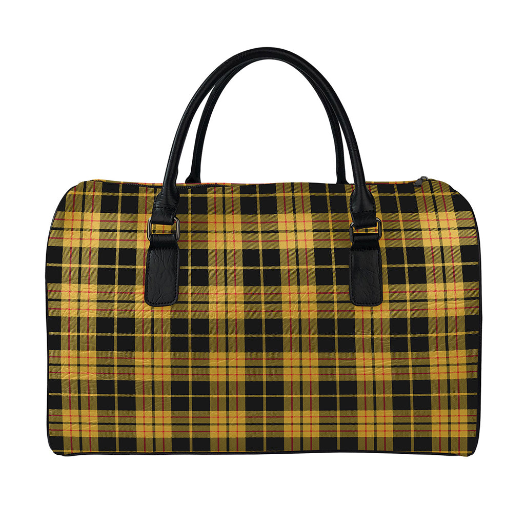 Black And Yellow Tartan Pattern Print Leather Duffle Bag