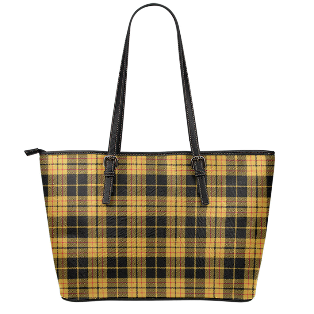 Black And Yellow Tartan Pattern Print Leather Tote Bag