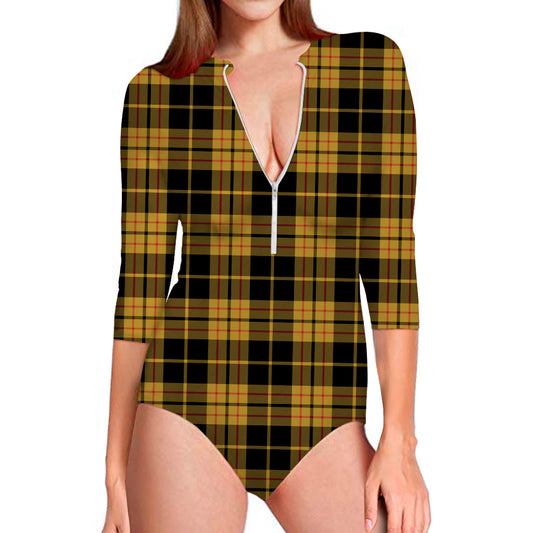Black And Yellow Tartan Pattern Print Long Sleeve Swimsuit