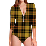 Black And Yellow Tartan Pattern Print Long Sleeve Swimsuit