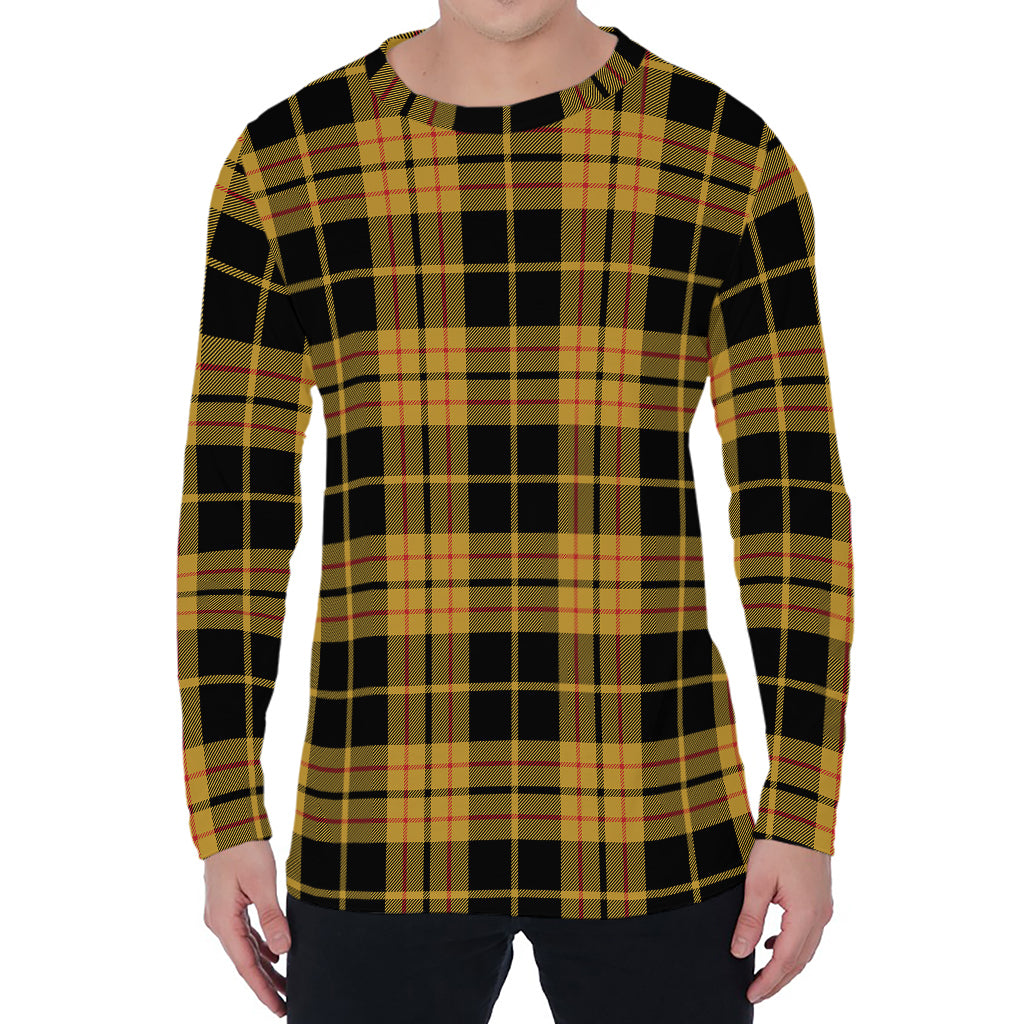 Black And Yellow Tartan Pattern Print Men's Long Sleeve T-Shirt