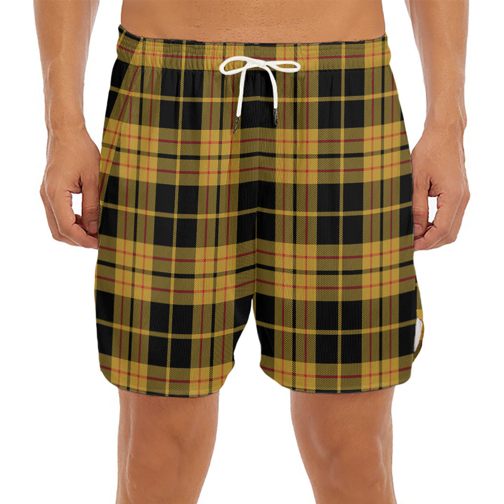 Black And Yellow Tartan Pattern Print Men's Split Running Shorts