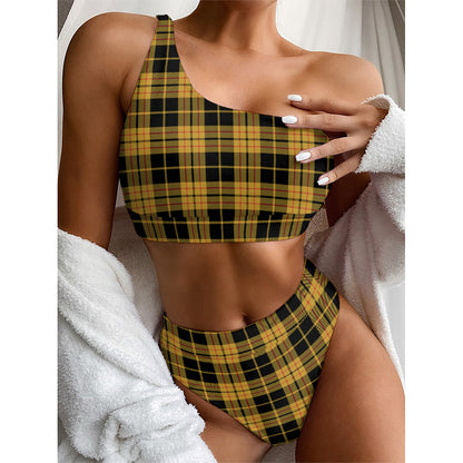 Black And Yellow Tartan Pattern Print One Shoulder Bikini Top