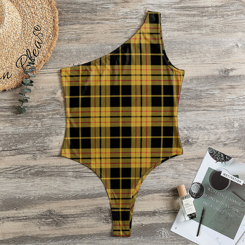 Black And Yellow Tartan Pattern Print One Shoulder Bodysuit