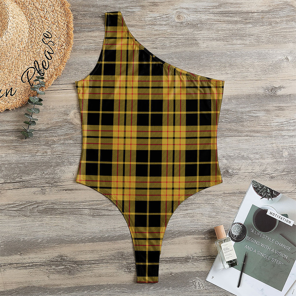 Black And Yellow Tartan Pattern Print One Shoulder Bodysuit