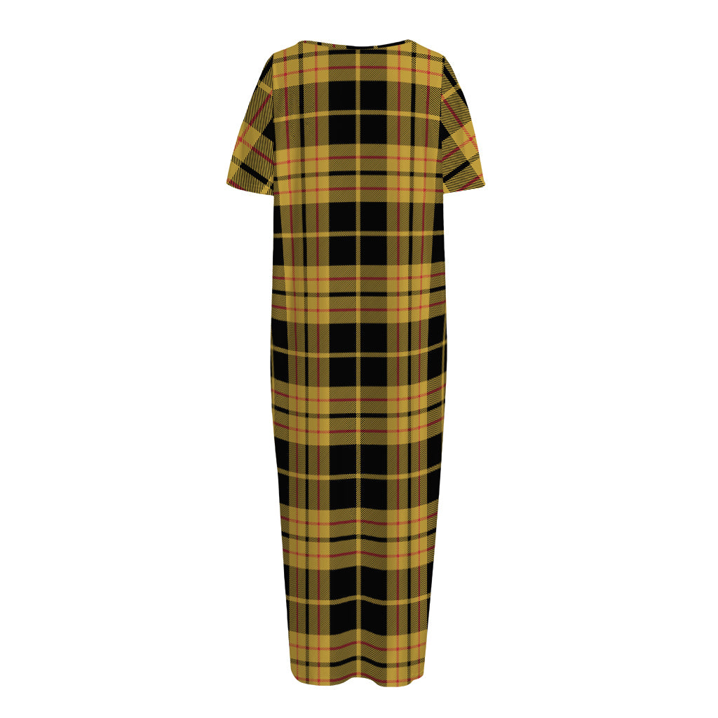 Black And Yellow Tartan Pattern Print Short Sleeve Long Nightdress