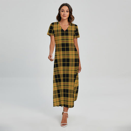 Black And Yellow Tartan Pattern Print Short Sleeve Maxi Dress