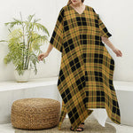 Black And Yellow Tartan Pattern Print Silk V-Neck Kaftan Dress