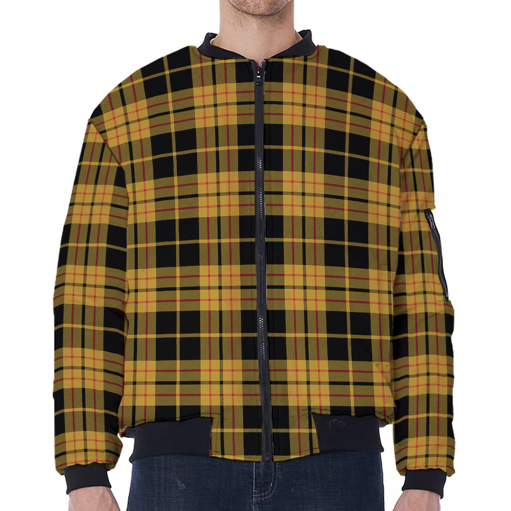 Black And Yellow Tartan Pattern Print Zip Sleeve Bomber Jacket
