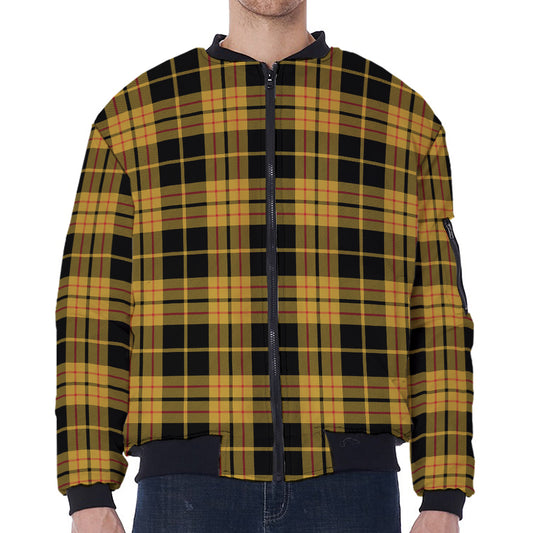 Black And Yellow Tartan Pattern Print Zip Sleeve Bomber Jacket