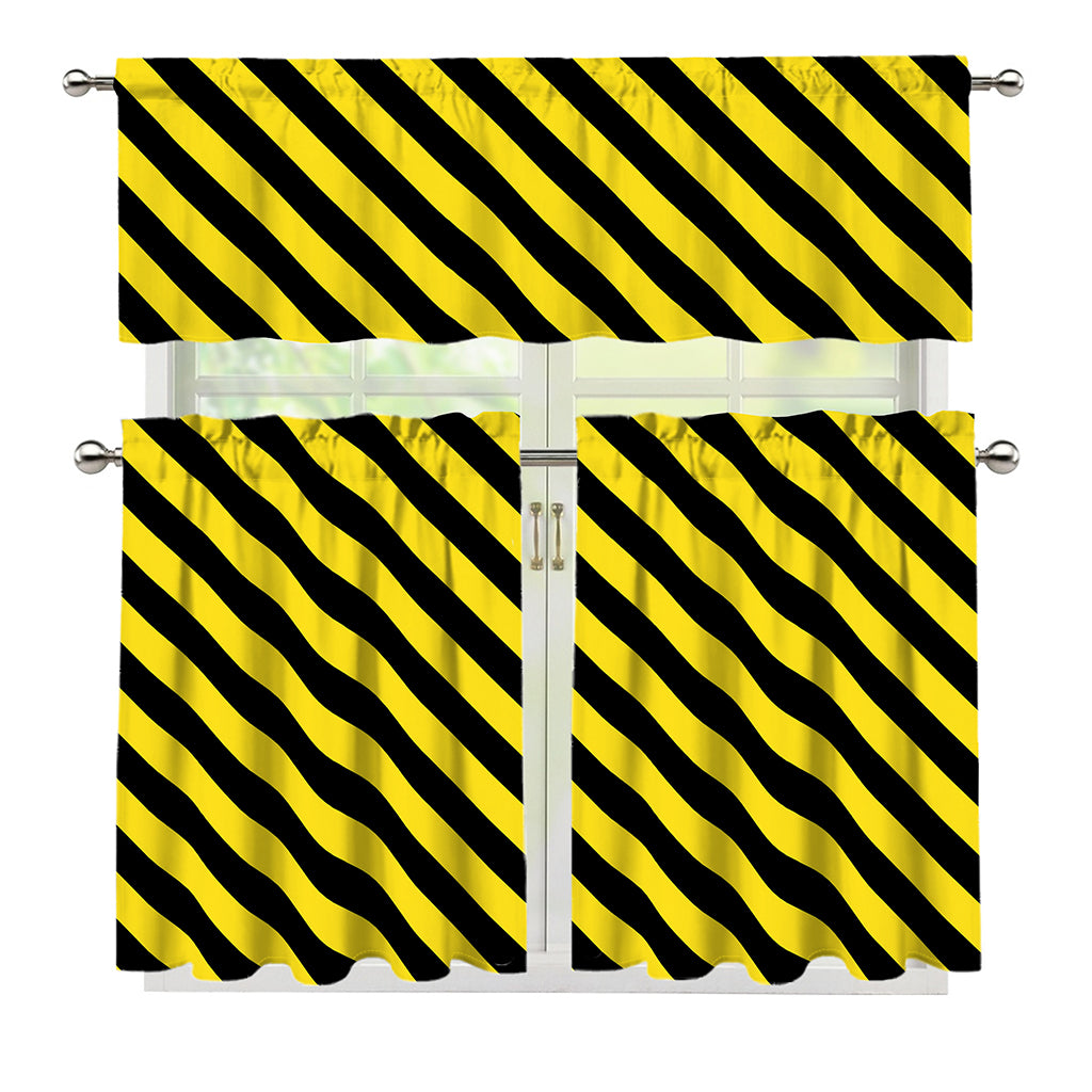 Black And Yellow Warning Striped Print 3 Piece Kitchen Curtains