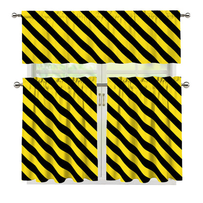 Black And Yellow Warning Striped Print 3 Piece Kitchen Curtains