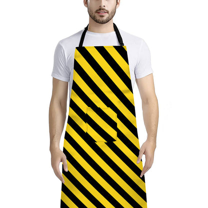 Black And Yellow Warning Striped Print Bib Apron With Pocket