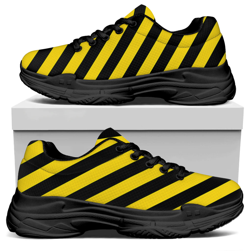 Black And Yellow Warning Striped Print Black Chunky Shoes