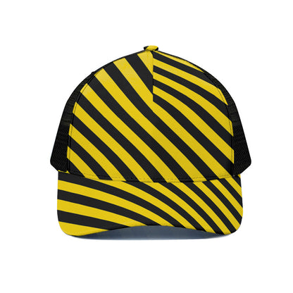 Black And Yellow Warning Striped Print Black Mesh Trucker Cap