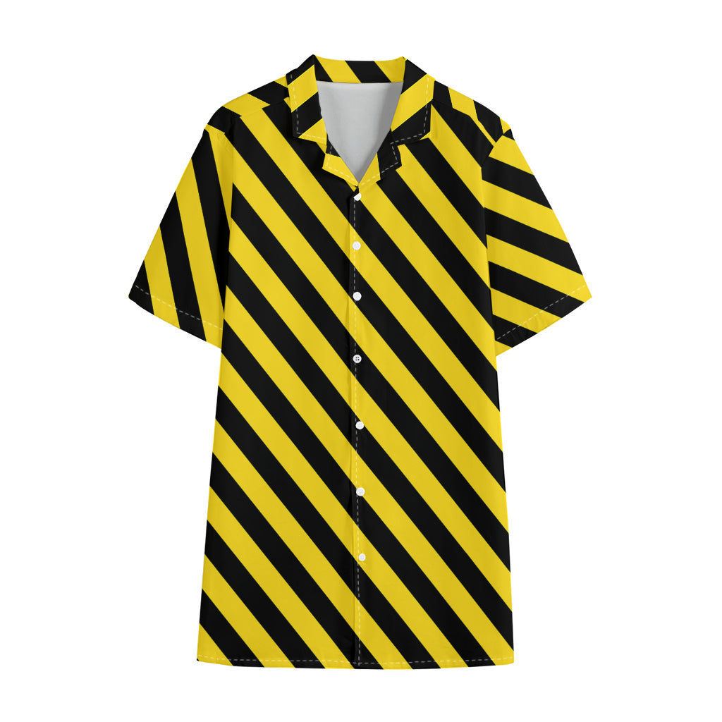 Black And Yellow Warning Striped Print Cotton Hawaiian Shirt
