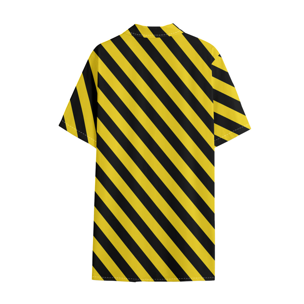 Black And Yellow Warning Striped Print Cotton Hawaiian Shirt