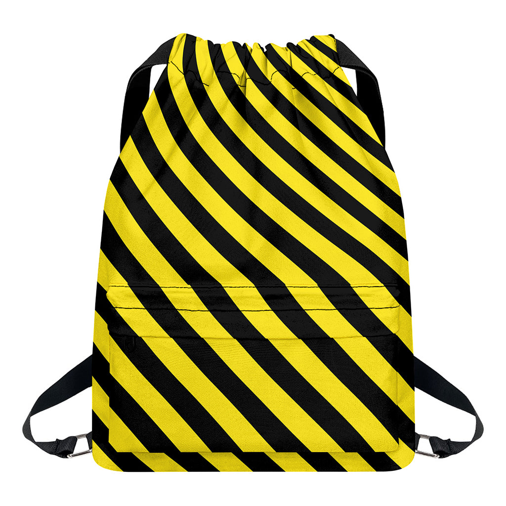 Black And Yellow Warning Striped Print Drawstring Backpack