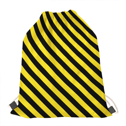 Black And Yellow Warning Striped Print Drawstring Bag