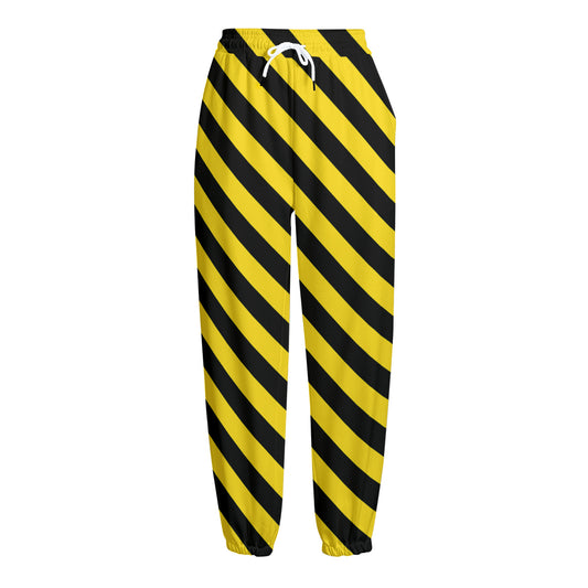 Black And Yellow Warning Striped Print Fleece Lined Knit Pants