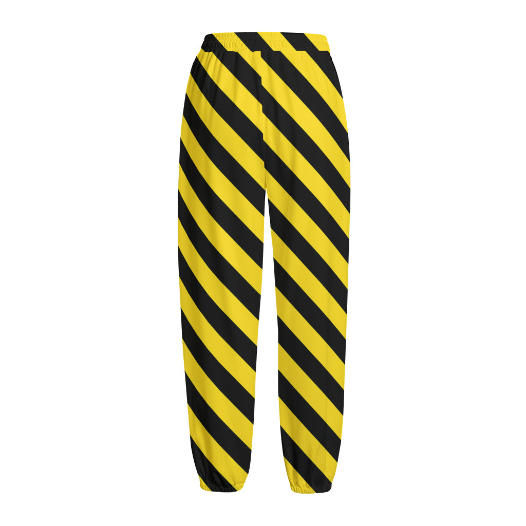 Black And Yellow Warning Striped Print Fleece Lined Knit Pants