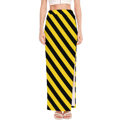 Black And Yellow Warning Striped Print High Slit Maxi Skirt