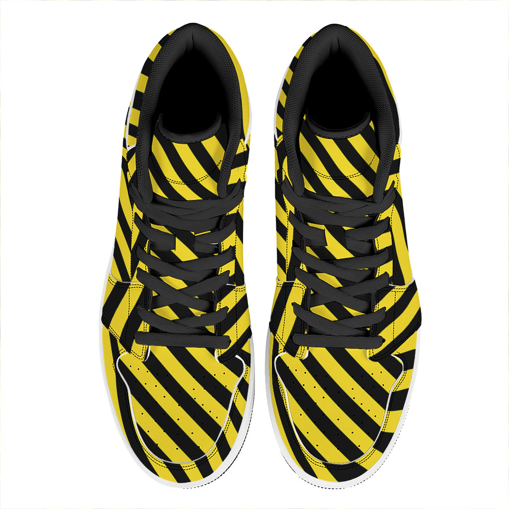 Black And Yellow Warning Striped Print High Top Leather Sneakers