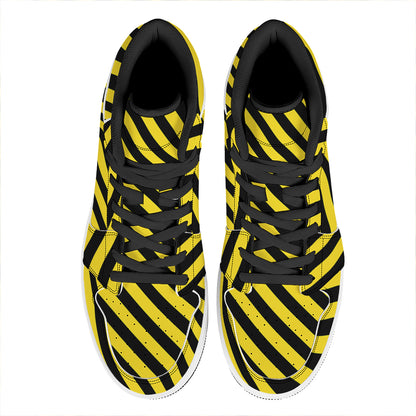 Black And Yellow Warning Striped Print High Top Leather Sneakers