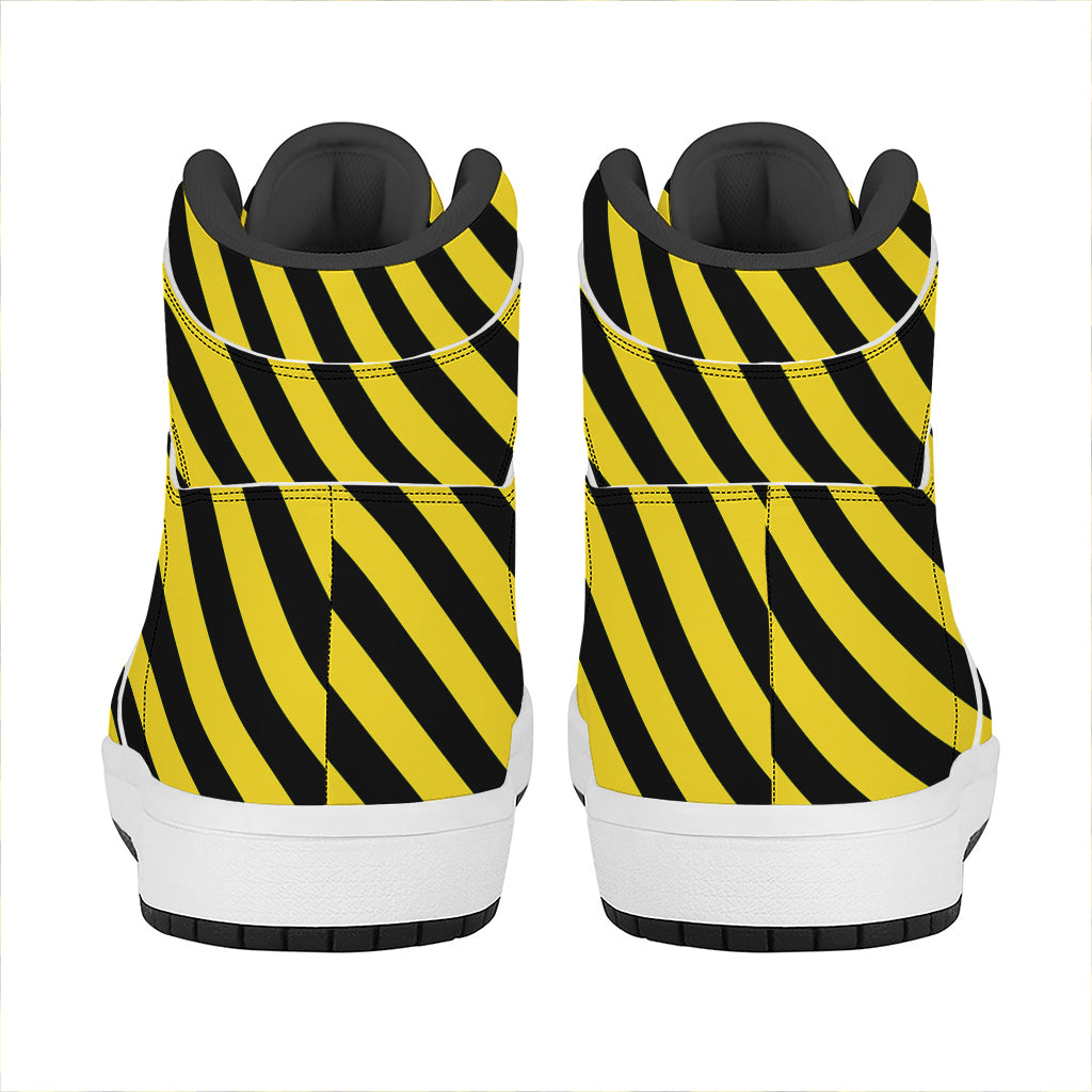 Black And Yellow Warning Striped Print High Top Leather Sneakers