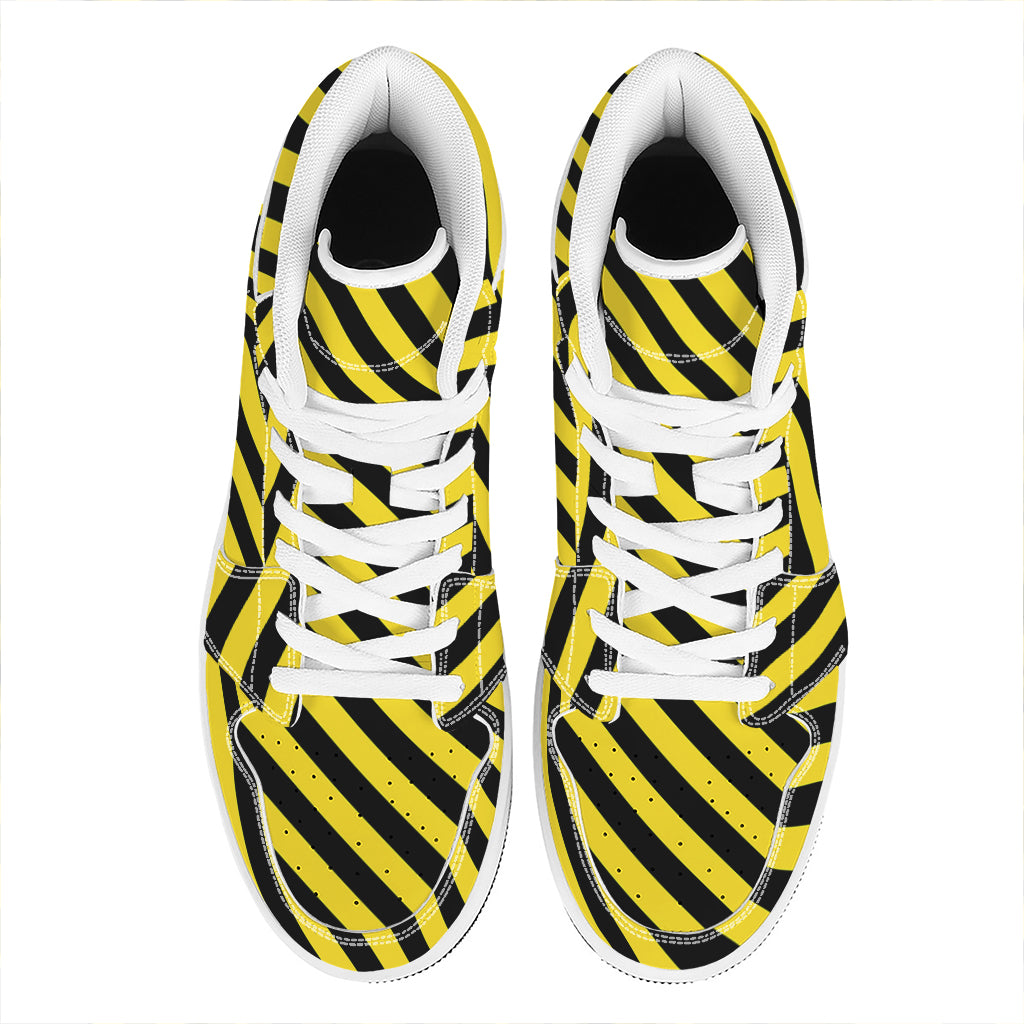 Black And Yellow Warning Striped Print High Top Leather Sneakers