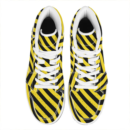 Black And Yellow Warning Striped Print High Top Leather Sneakers