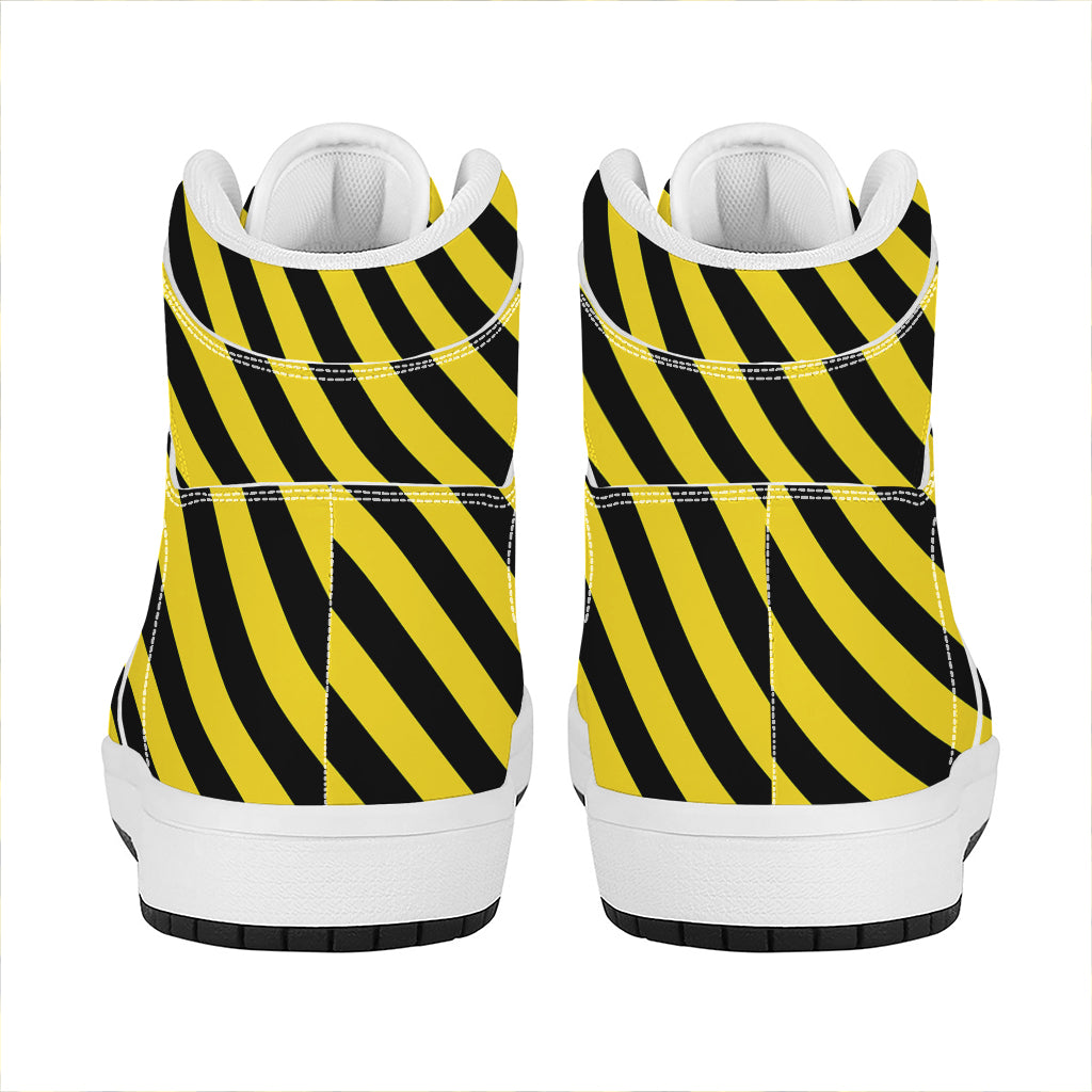 Black And Yellow Warning Striped Print High Top Leather Sneakers