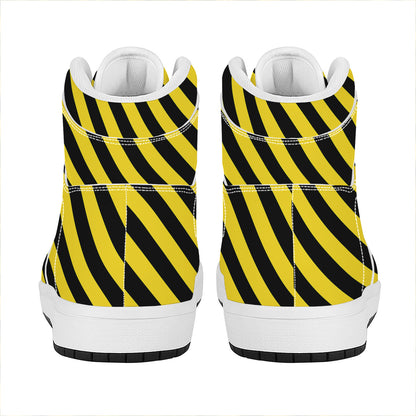 Black And Yellow Warning Striped Print High Top Leather Sneakers