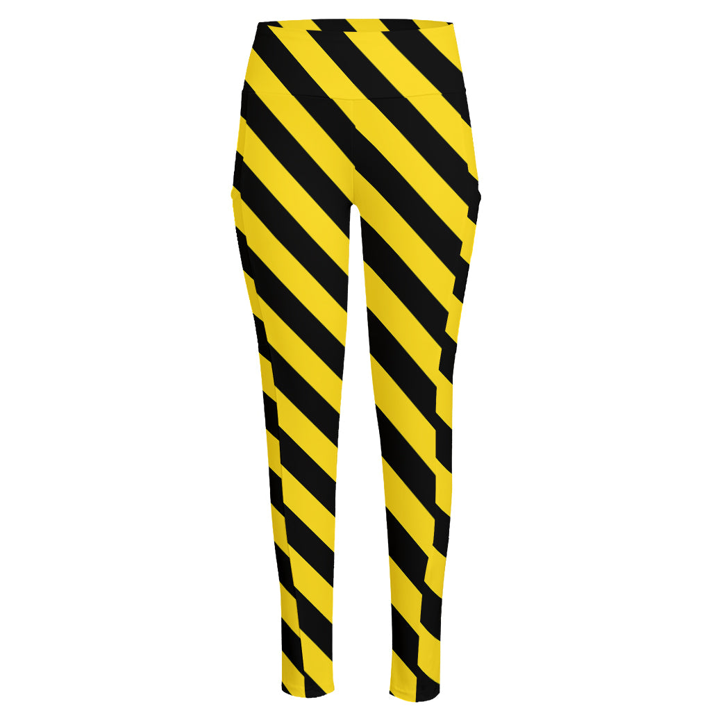 Black And Yellow Warning Striped Print High-Waisted Pocket Leggings
