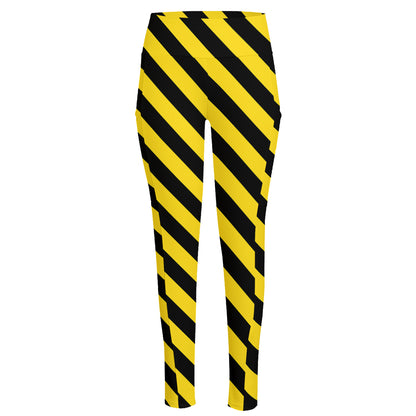 Black And Yellow Warning Striped Print High-Waisted Pocket Leggings