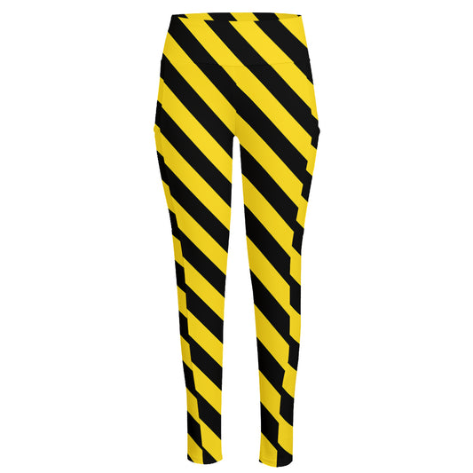 Black And Yellow Warning Striped Print High-Waisted Pocket Leggings