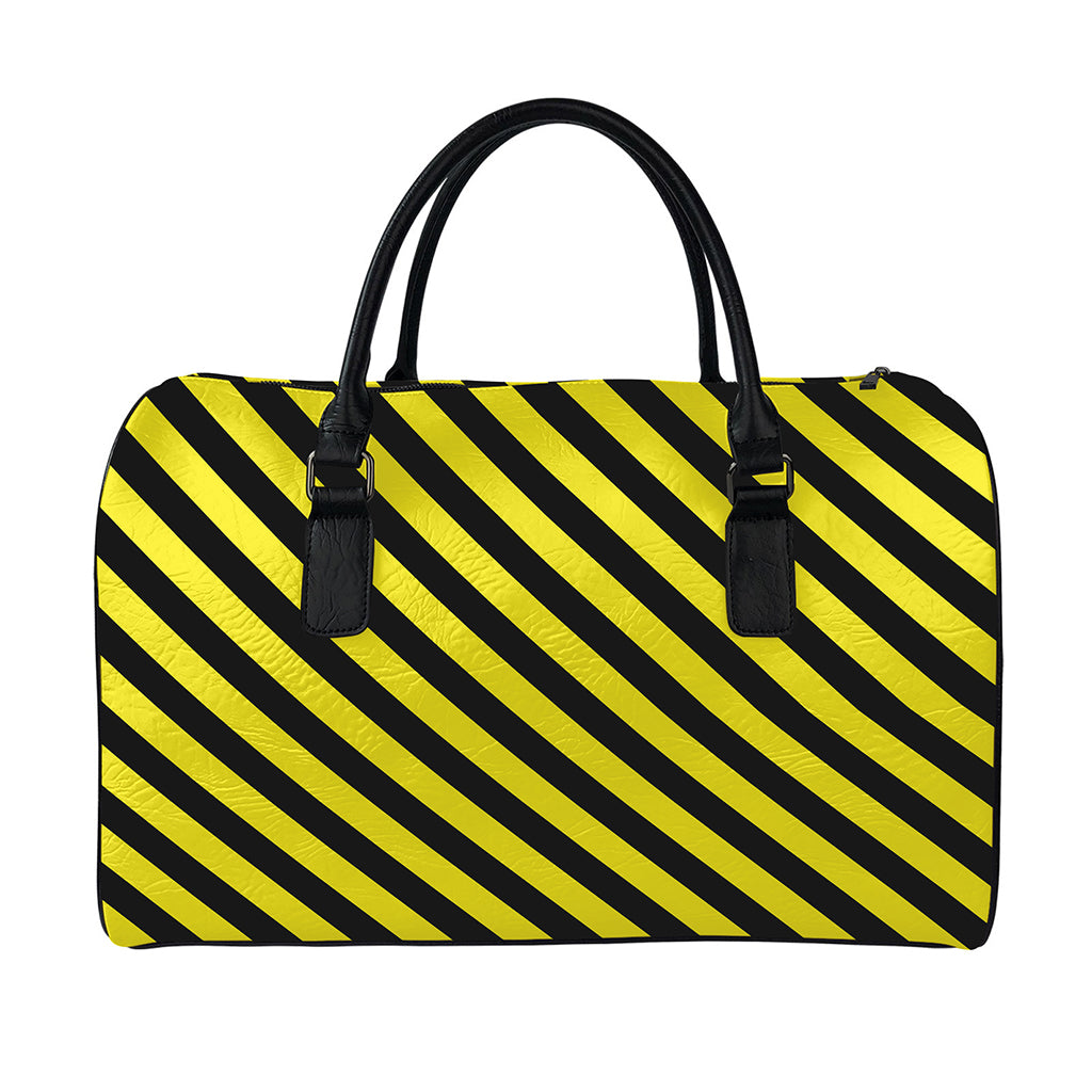 Black And Yellow Warning Striped Print Leather Duffle Bag