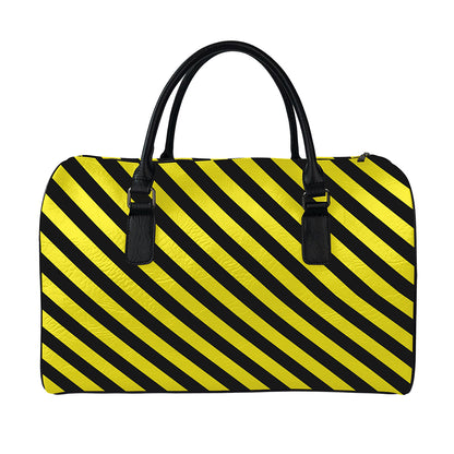 Black And Yellow Warning Striped Print Leather Duffle Bag