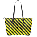 Black And Yellow Warning Striped Print Leather Tote Bag With Zipper